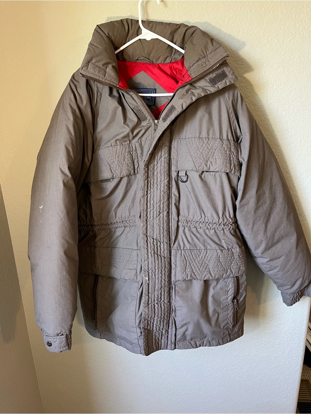 Guy Laroche Paris Down Feather Parka Jacket Men’s M Taupe Red Vintage